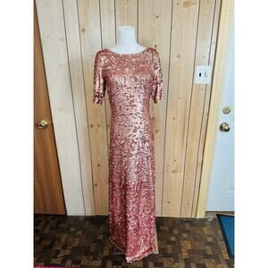 Vtg BCBGMaxAzaria Rose Pink Full Sequin Short Sleeve Low Back Long Gown Formal M